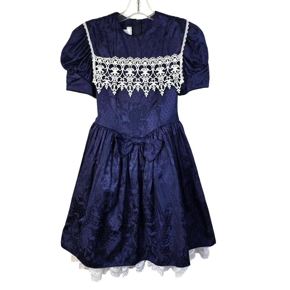 Jessica McClintock Gunne Sax Dress Girls 10 Navy Patterned Satin White Lace 90s